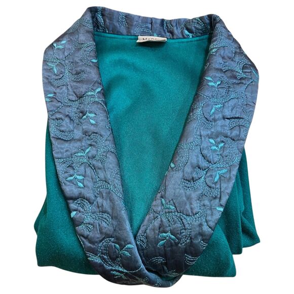 Vintage Maggie McQuade Long Teal Green Get Ready Robe Embroidered Collar Pockets - Picture 2 of 14